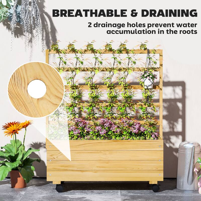 Outsunny Raised Garden Bed with Trellis and Wheels, Outdoor Wooden Elevated Planter Box, Freestanding Raised Flower Bed