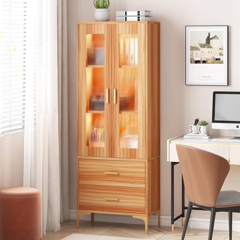 Tall Bookcase Bookshelf with Doors and LED Light