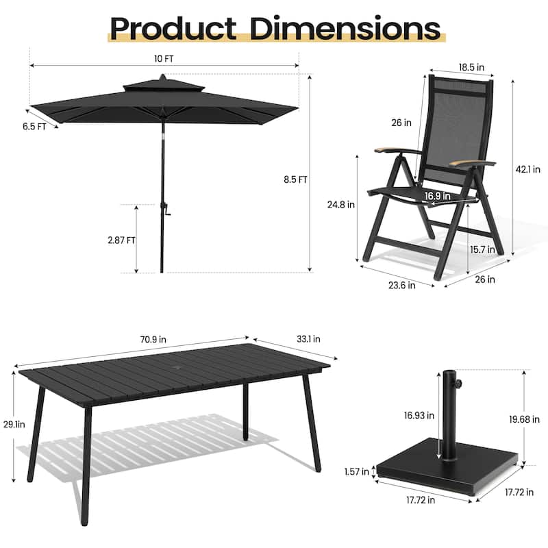 9PC Outdoor Patio Dining Set Aluminum Table with Folding Armchairs w/ Market Umbrella Sets