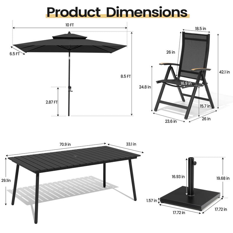 9PC Outdoor Patio Dining Set Wood-Like Aluminum Umbrella Hole Table with Folding Chairs,Double Top Market Umbrella and Base