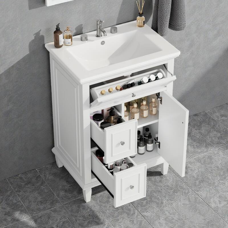 24" Bathroom Vanity with Sink, Flip Drawer & 2 Drawers, Solid Wood Frame, Adjustable Shelf, Ceramic Top