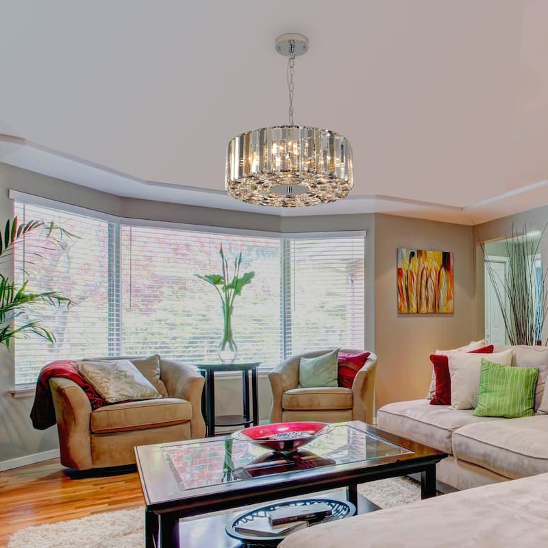 17" Chrome Crystal Pendant Chandelier, Modern Hanging Light Fixture with Adjustable Height, 4-Light E26 Base