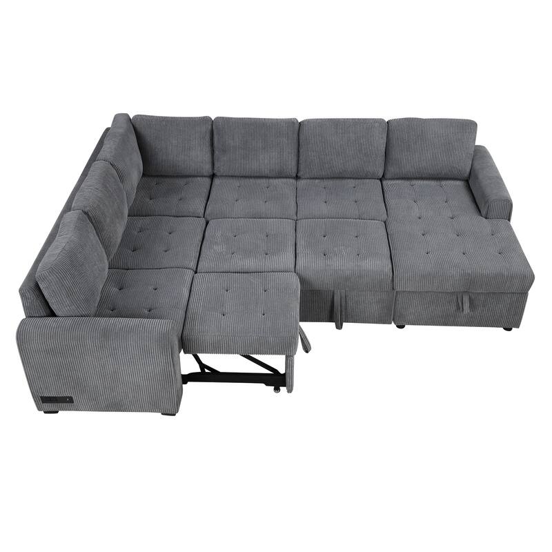 Convertible Sectional Sleeper Sofa with Pull Out Bed, Storage Chaise & Charging Devices, Oversized Corduroy U-Shaped Cloud Sofa