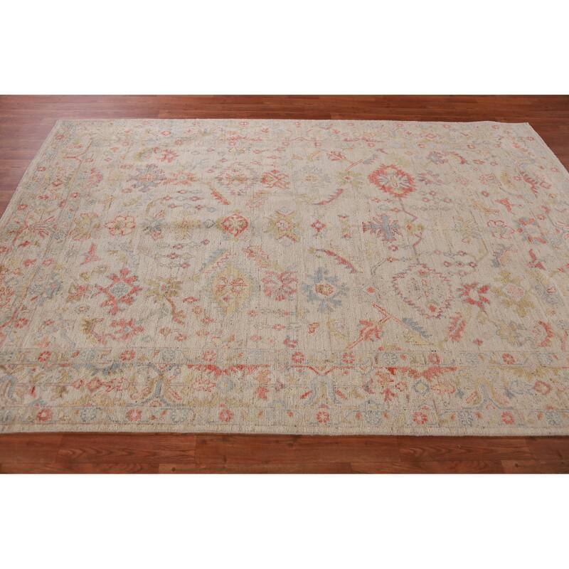 Hand Knotted Oriental 100% Wool Carpet Transitional All-Over Beige & Ivories Oushak Area Rug - 8' 11'' X 6' 0''