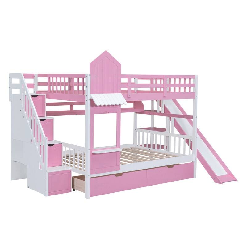 Full-Over-Full Castle Style Bunk Bed with Drawers, Shelves, Slide