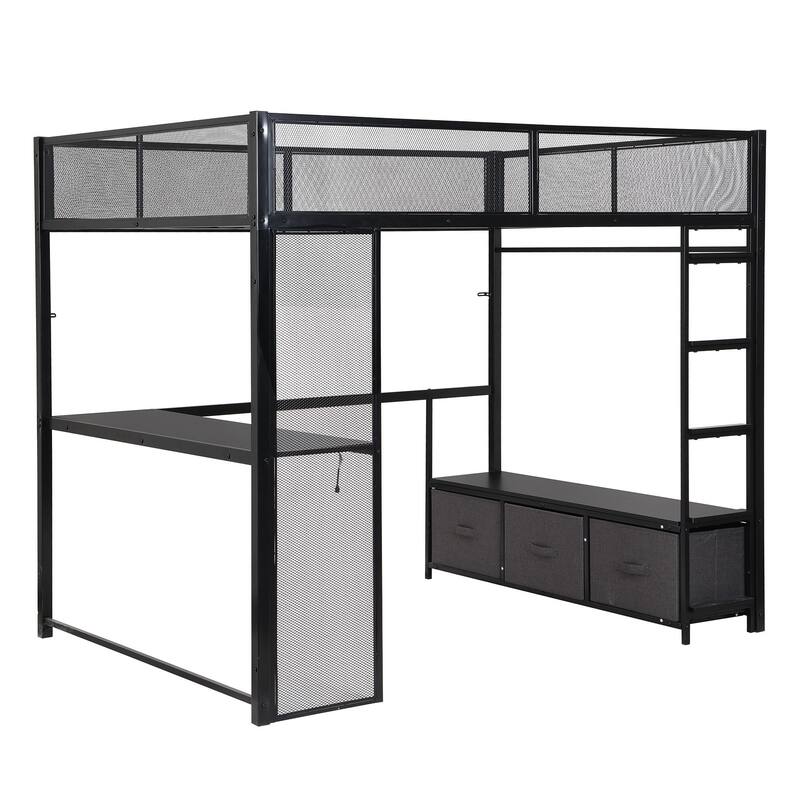 White Full Size Metal Loft Bed with Desk, LED Lighting, Storage Drawers, and Wardrobe for Gaming