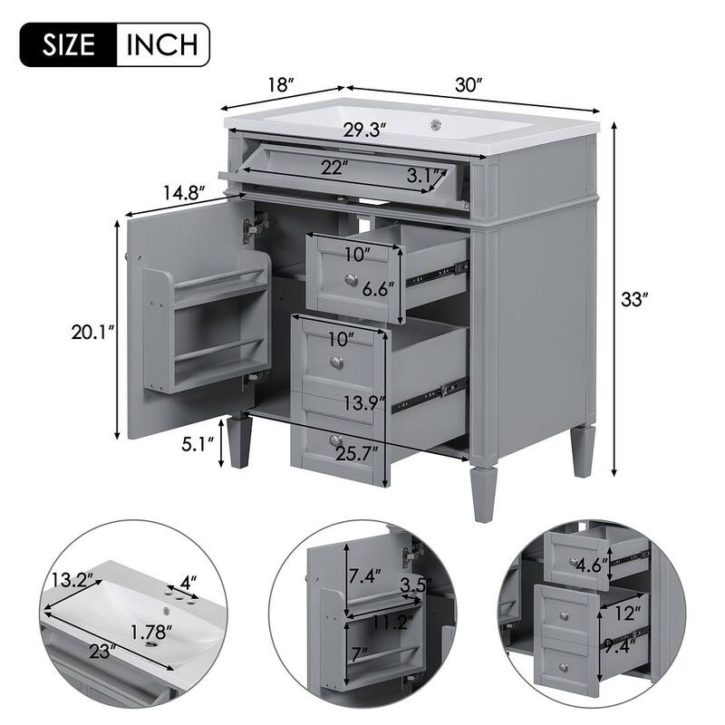 30" Modern Bathroom Vanity with Top Sink and 2 Drawers and a Tip-out Drawer