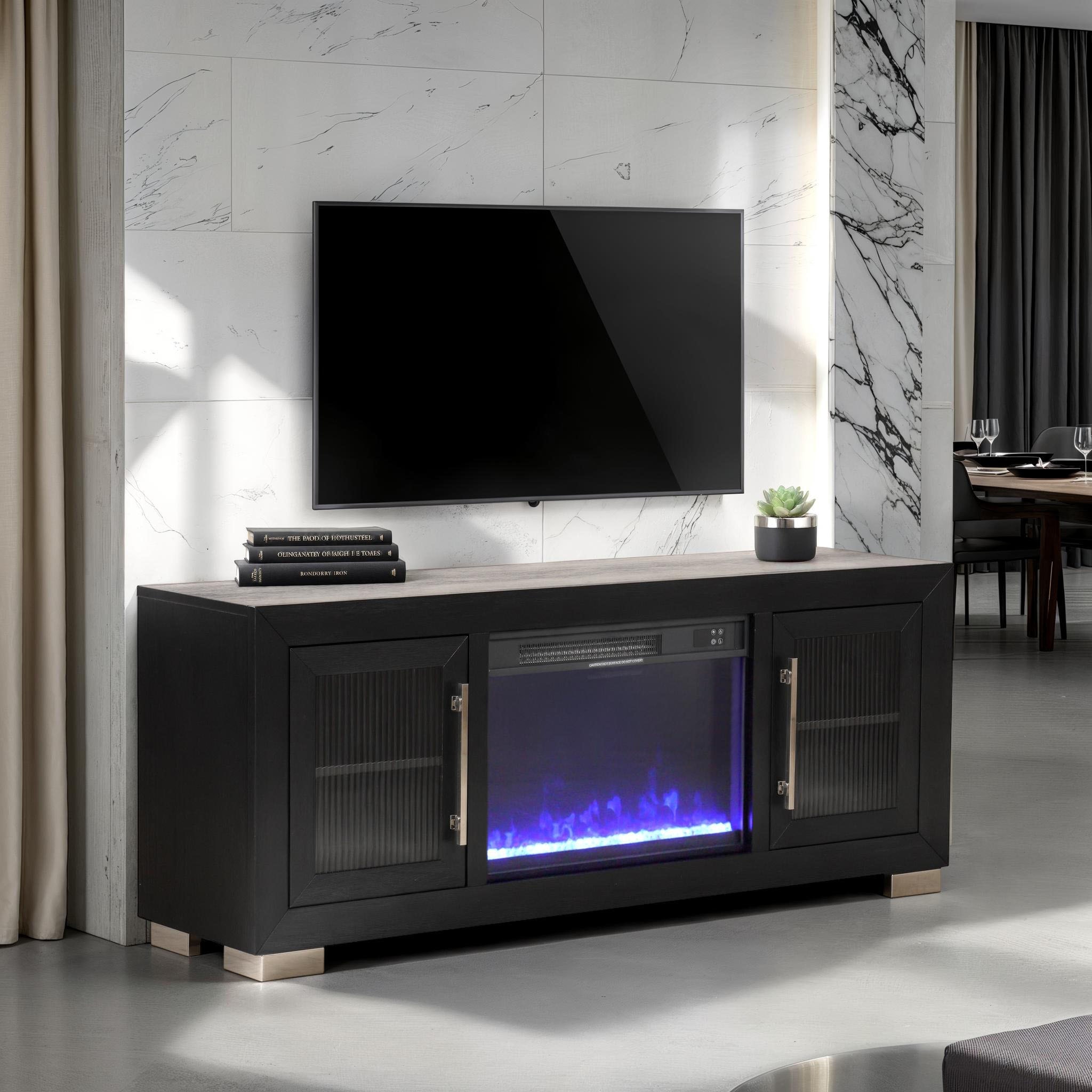 Furniture of America Fionna Modern Black Electric Fireplace TV Stand with LED and Shelves