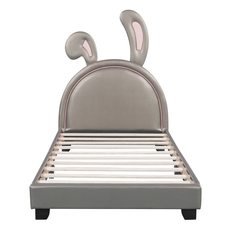 Adorable Twin/Full Upholstered Platform Bed with Rabbit Design, PU Leather, Sturdy Wood Frame, No Box Spring Needed