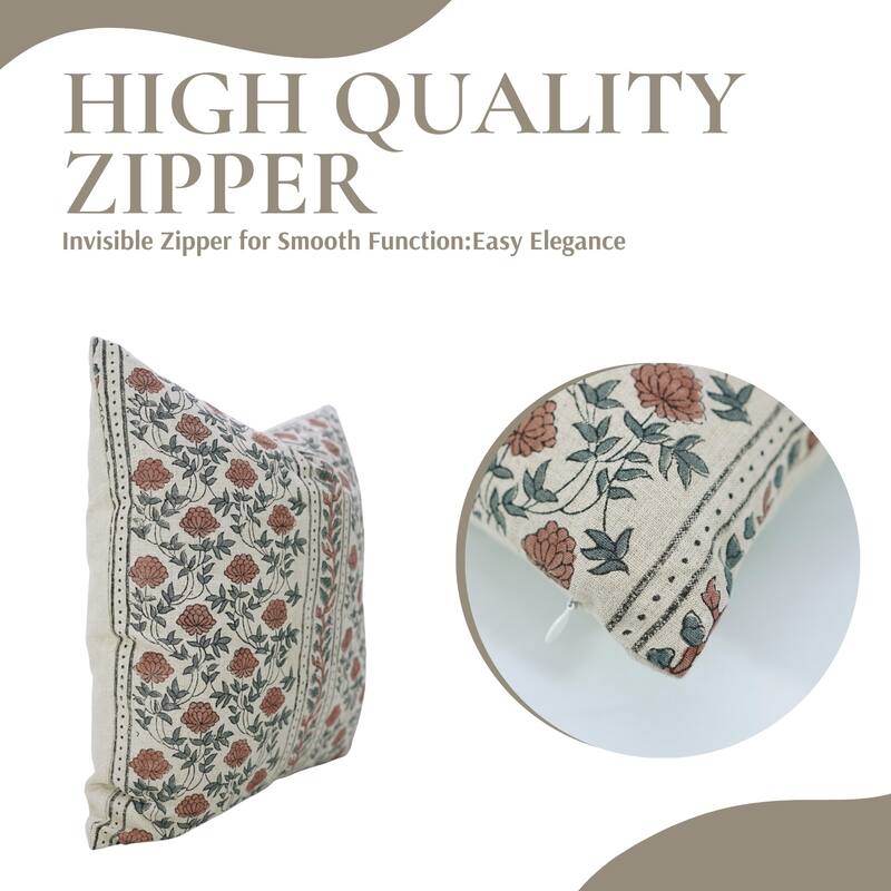 Fabdivine Handmade 18x18 Inch Linen Floral Pillow Cover for Chair, Dining or Bed Brown Soft Block Print Cushioncase, Khoobsurat