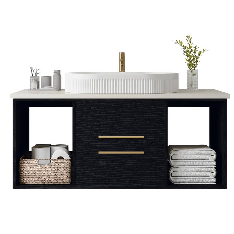 39.4"Wall-Mounted Bathroom Vanity with Ceramic Sink Floating Vanity Multi-Layer Cabinet Soft-Close Drawers Open Shelf Storage