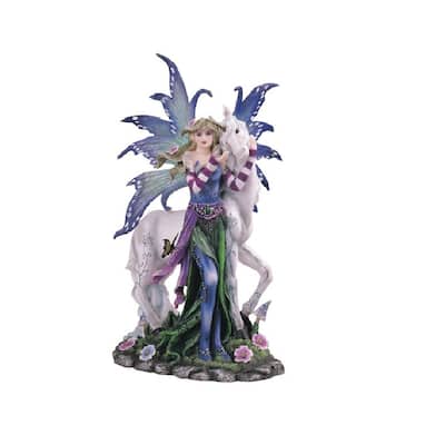 Q-Max 10"H Blue and Purple Spring Fairy with Unicorn Statue Fantasy Decoration Figurine