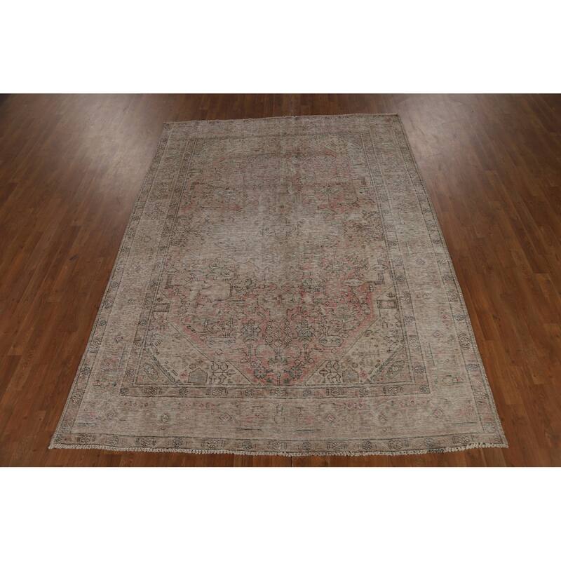 Pink Geometric Tabriz Persian Vintage Rug Hand-Knotted Wool Carpet - 6'8" x 9'2"