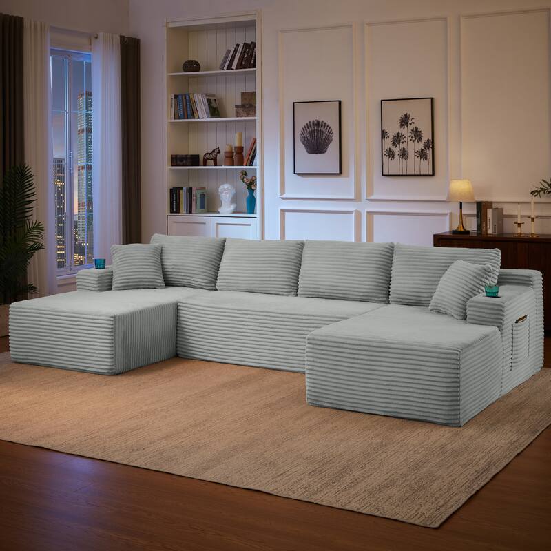 U-Shaped Modular Sectional Sofa with Dual Chaise Lounges, Corduroy Cloud Couch with Cup Holders, Compressible Deep Seat Sofa