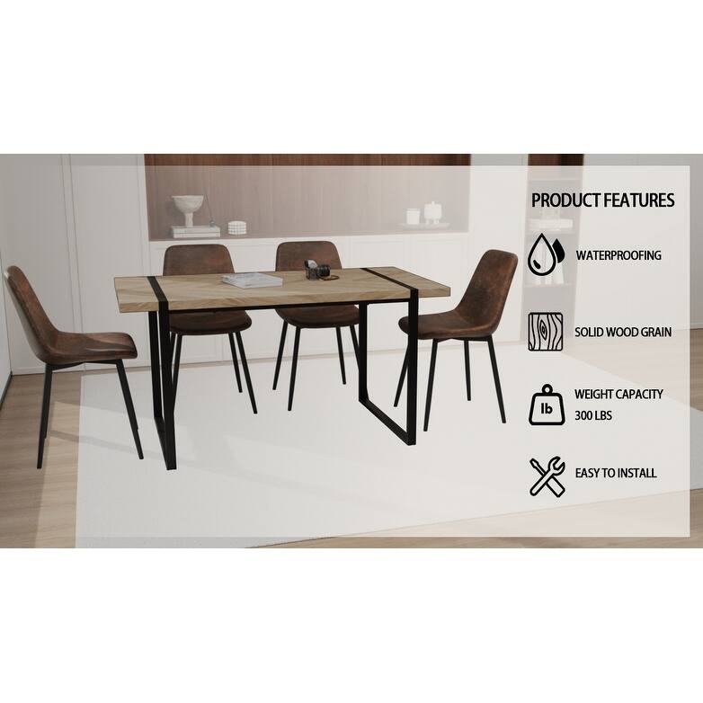 MDF light wood dining table and modern dining chair 4-piece set,medieval wooden kitchen dining table set, rectangular metal base