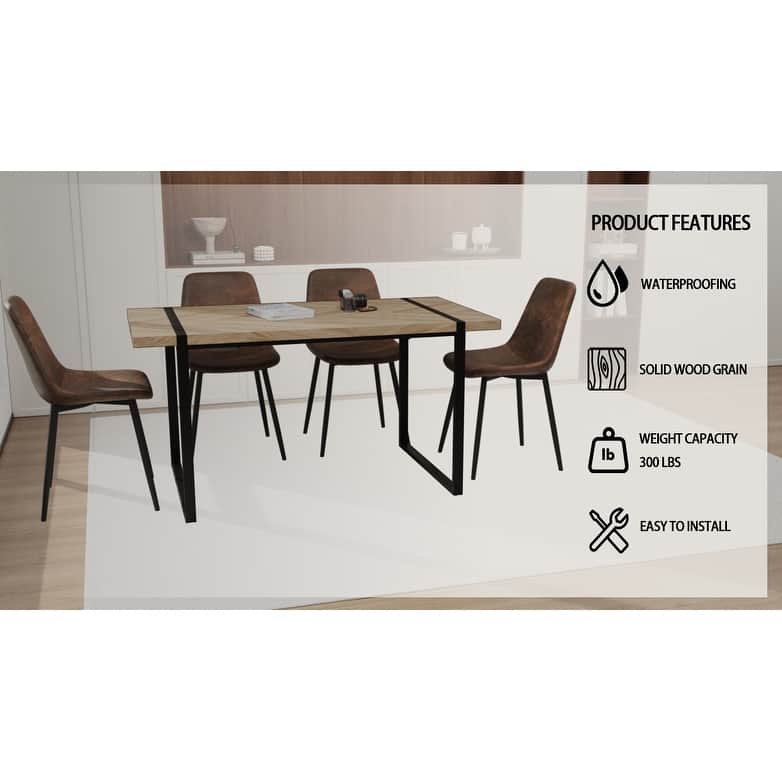 Modern 5-Piece Dining Set with Light Wood Rectangular Metal Base Table & 4 Square Corner Suede Chairs