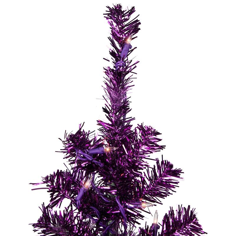 4' Purple Tinsel Artificial Christmas Tree- Clear Lights, Purple Wire - 4 Foot