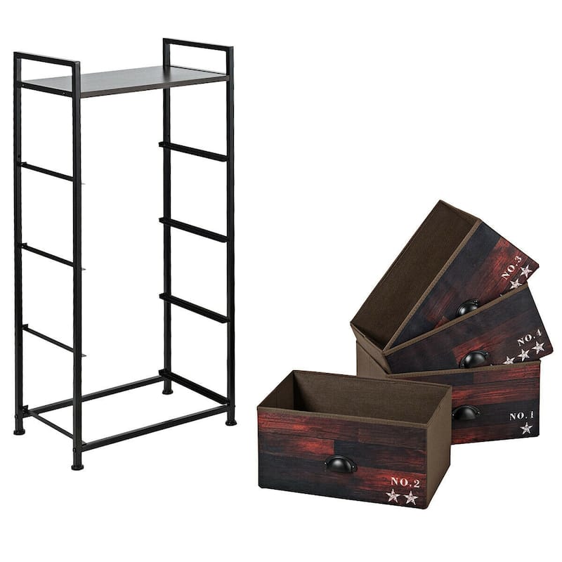 Dark Brown Fabric 4-Drawer Storage Tower with Metal Frame MDF Top and Adjustable Feet for Bedroom Closet or Office