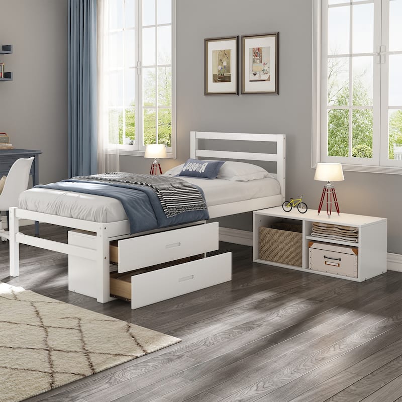 Wood Platform Bed with Removable Storage Shelves and Two Drawers
