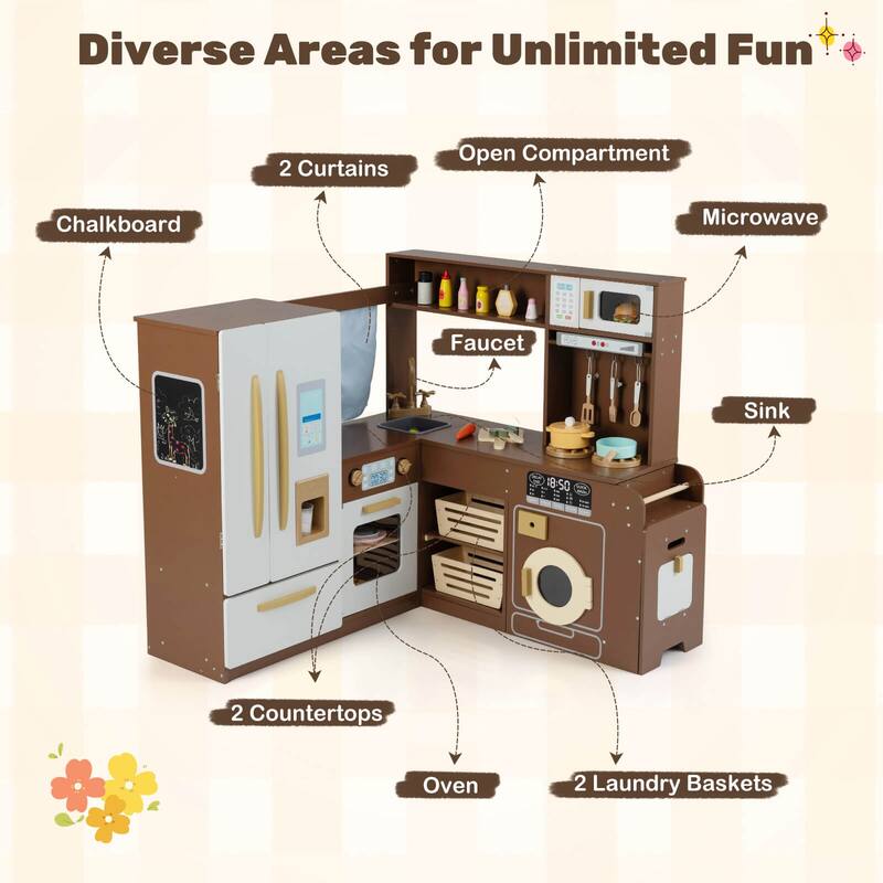 Costway Corner Play Kitchen with Lights & Sounds Wooden Toy Kitchen - See Details