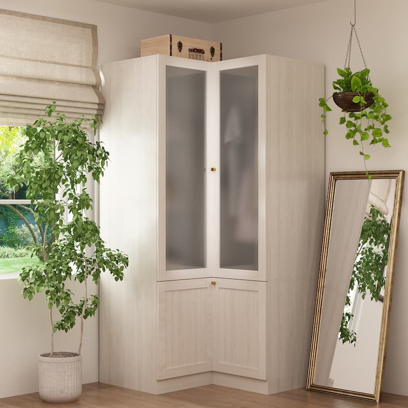 Modular Modern Glass Door Wardrobe:Storage Closet Solution Armoire - 35.4x70.9Inch(Corner)