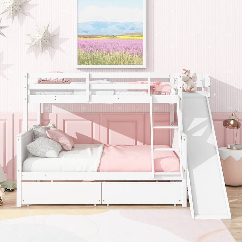 Twin over Full Bunk Bed with Slide, Drawers, Shelves, and Ladder