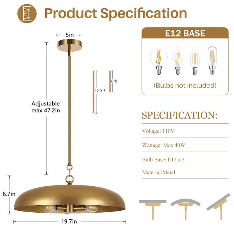 LamQee 20" Pendant Light Metal Dome Ceiling Hanging Chandelier - 19.7 inch