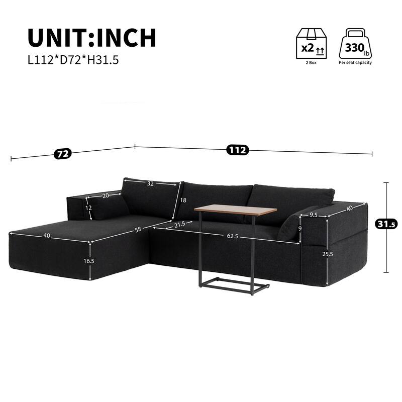 L-Shaped Modular Sectional Sofa with Side Table, Chaise, Wide Seat