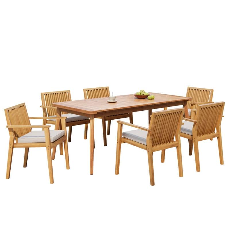 7-Piece Acacia Wood Outdoor Dining Set, 72"W Slatted Table & 6 Chairs with Removable Cushions for Patio Garden