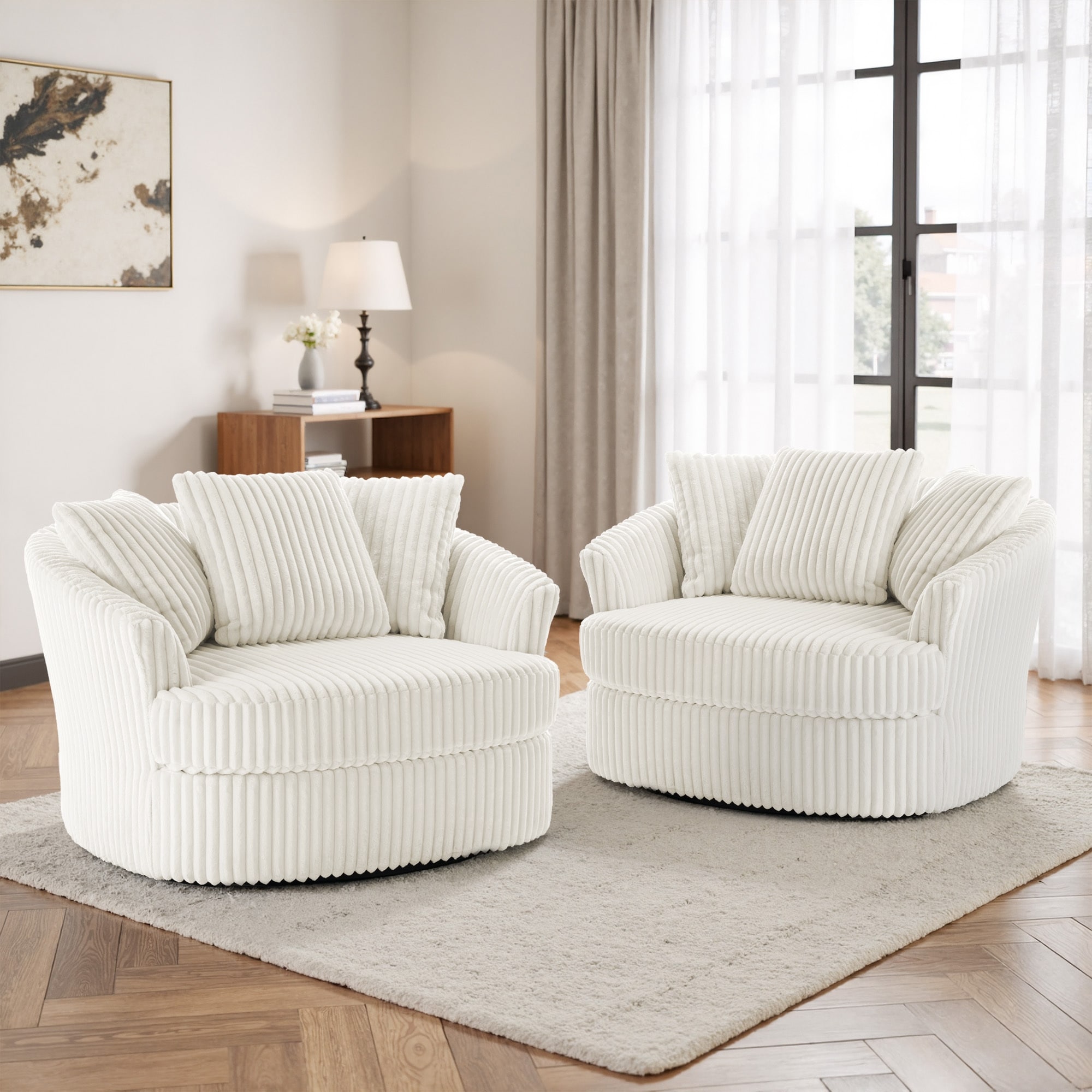 2 Set Oversized 43" W Plush Swivel Barrel Chair with Pillows