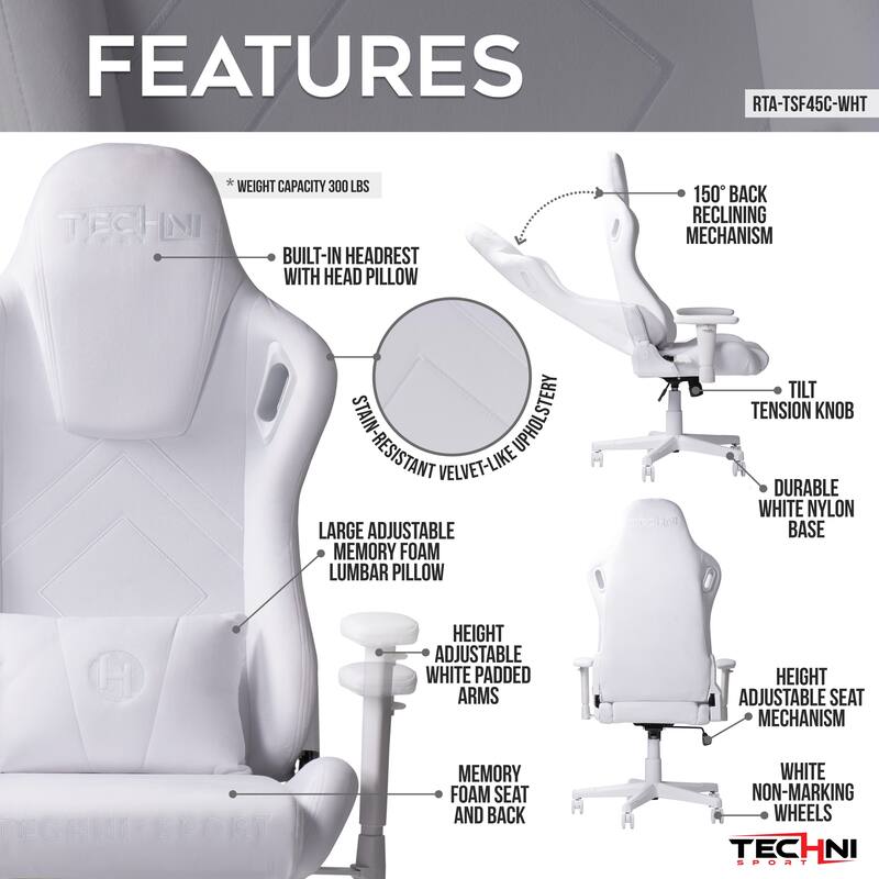 Sport Velvet Gaming Chair with 150° Recline, Memory Foam Seat, Adjustable Lumbar Pillow, and Non-Marking Wheels