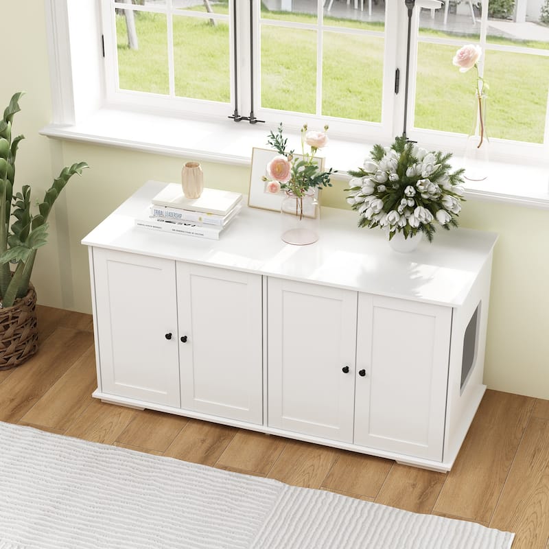 Double Pet Privacy Washroom Cat Litter Box Concealment Furniture - White