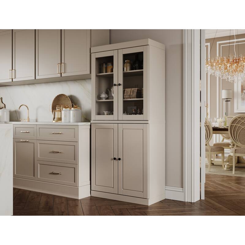 Palace Imports Solid Wood Pantry Cabinet, Raised Panel & Clear Glass Doors, 2 Drawers, Adjustable Shelves
