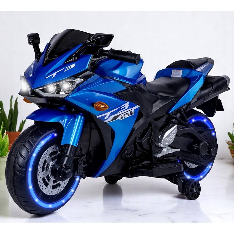 12V Kids Electric Ride-On Motorcycle with Manual Throttle, LED Wheel Lights, Bluetooth Music,Training Wheels - Ride-On car