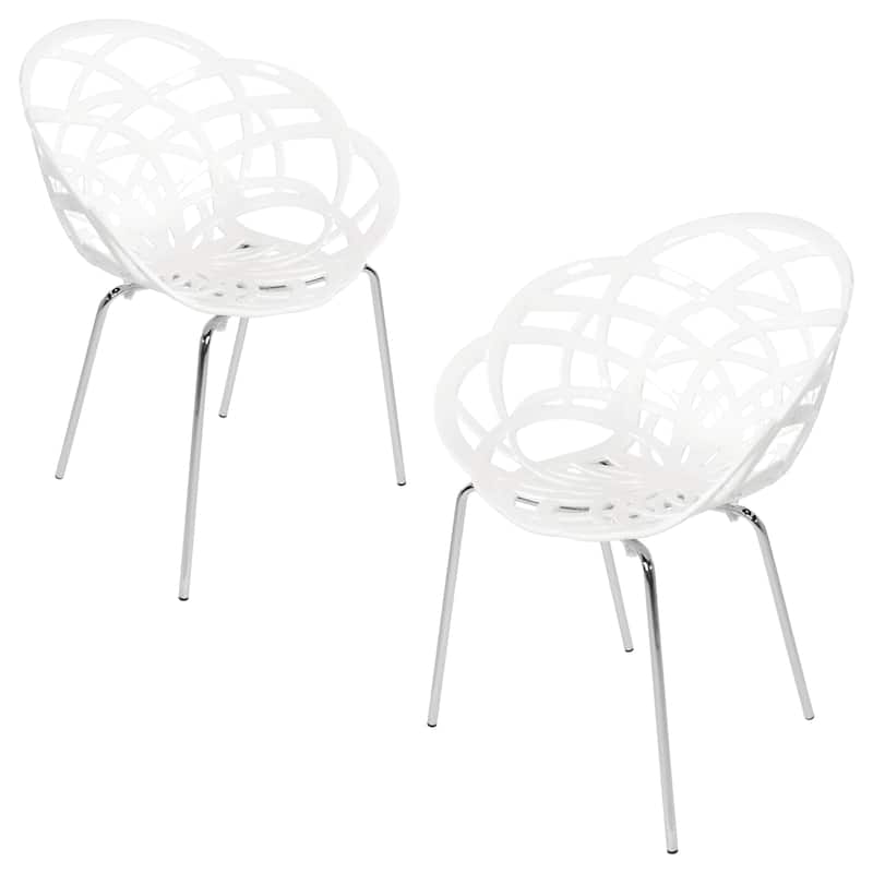 Furnish Theory Fleur-ML Stackable Dining Armchairs Arm Chairs Anti-UV Polycarbonate Shell & Chrome-Plated Steel Legs (Set of 2) - Solid White Shell & Chrome-Plated Legs