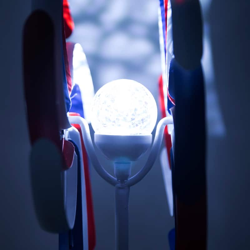 Alpine Corporation 68" Tall Outdoor Solar Powered Patriotic Dual Windmill Spinner Stake Yard Decoration, Red, White, and Blue