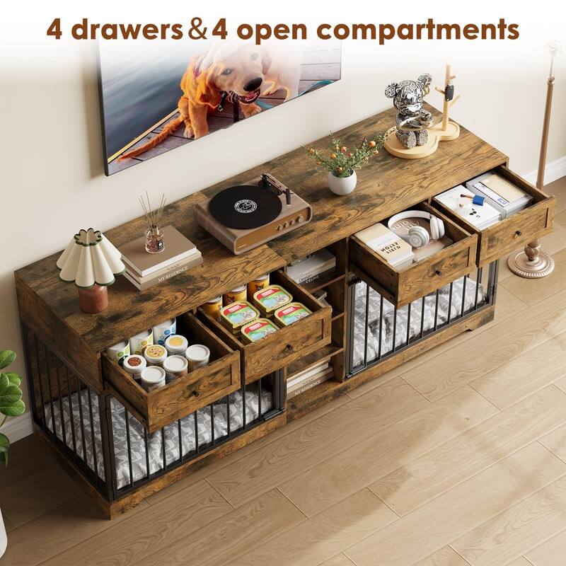 Wooden Dog Cage Crate Furniture TV Stand Large Dog Kennel with 4 Drawers and Shelves for 2 dogs