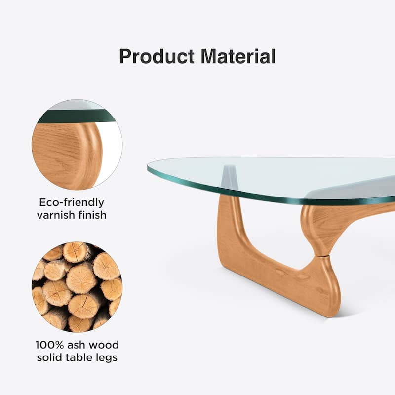 0.78 " Modern Triangle Glass Noguchi Coffee Table Cherry Wood Base