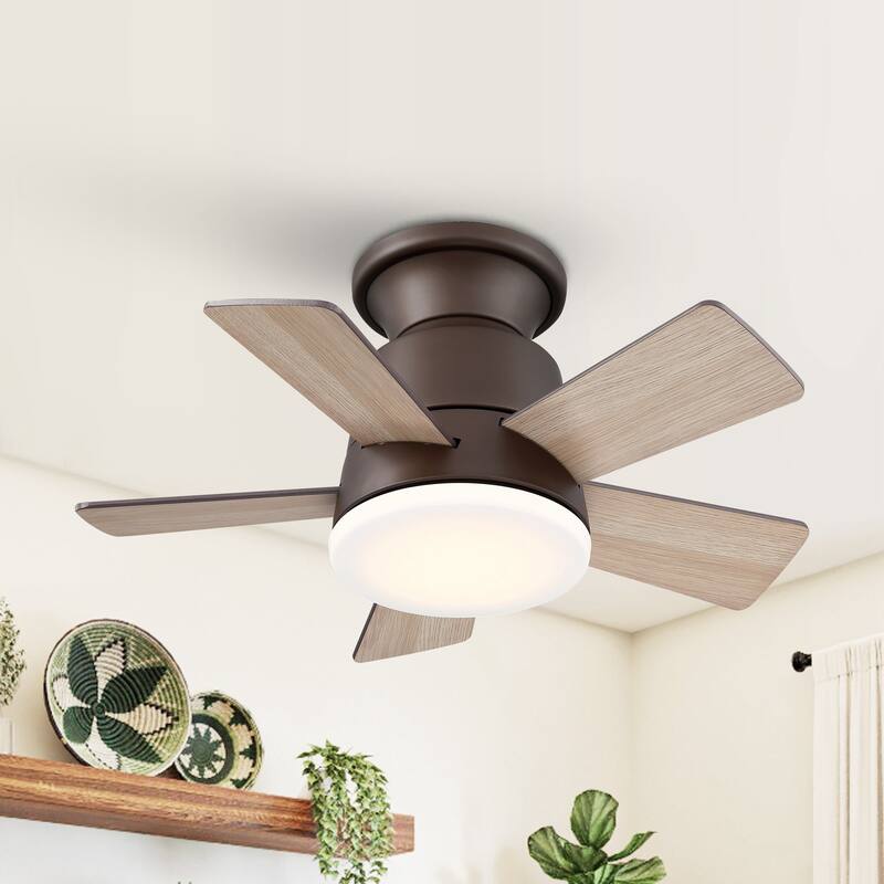 24" Oil-rubbed Bronze Wood Dimmable Flush Low Profile Ceiling Fan Light with Remote
