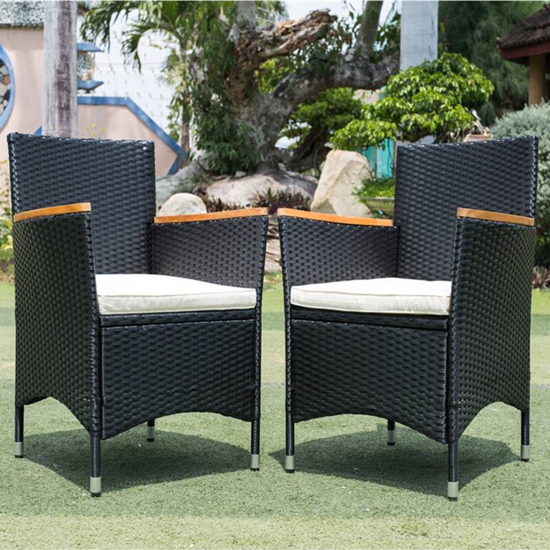 7 Piece All Weather Rattan Patio Dining Set with Acacia Wood Tabletop and Removable Cushions