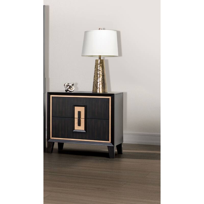 Modern Espresso Wood Nightstand with 2 Drawers, Felt-Lined Top, Gold Trim & Finger Pull, Bedroom Side Table