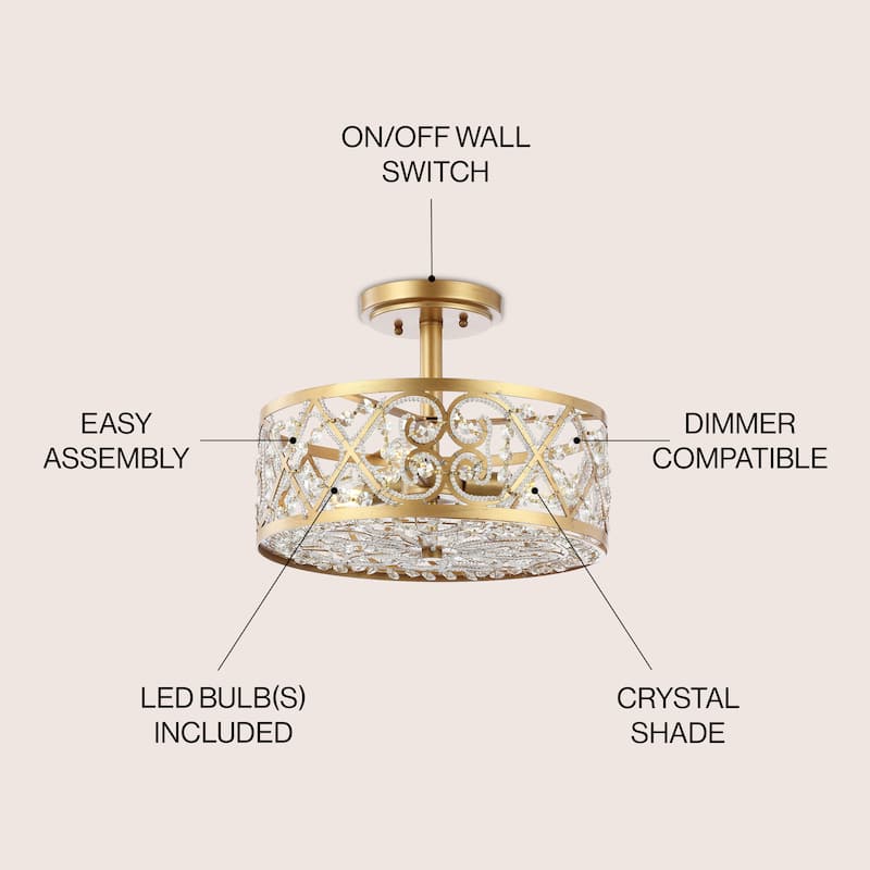 Stella 3-Light 13.25" Iron/Crystal Modern Glam LED Flush Mount, Gold by JONATHAN Y