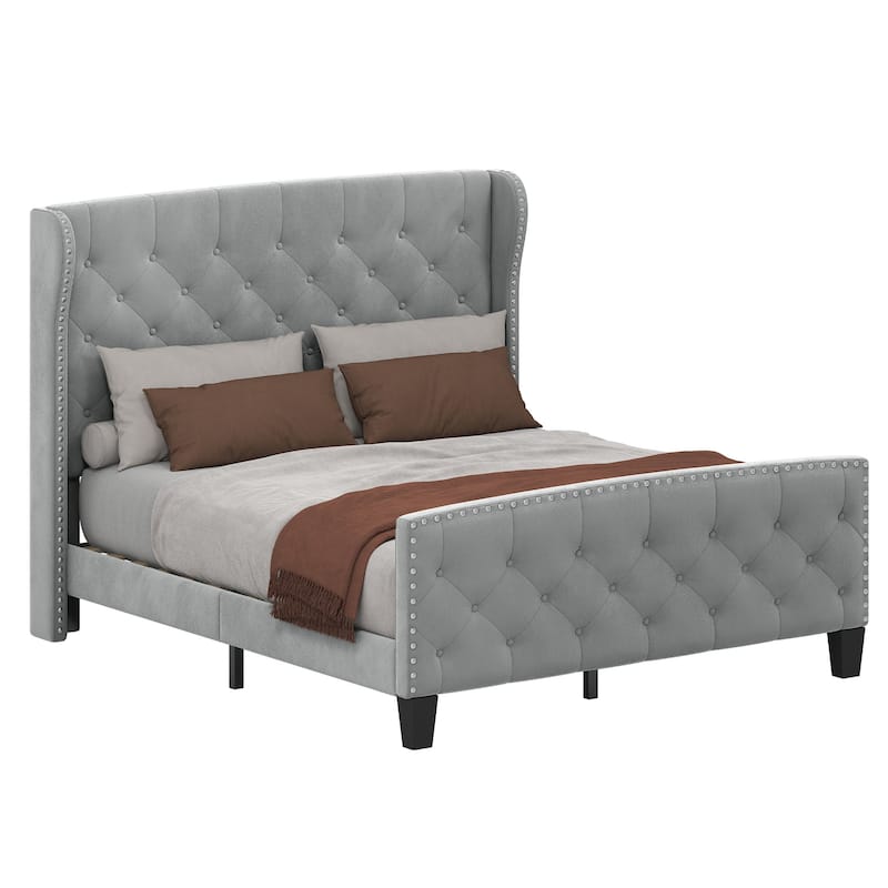 Queen Adjustable Upholstered Headboard Platform Bed Wingback Bed Frame