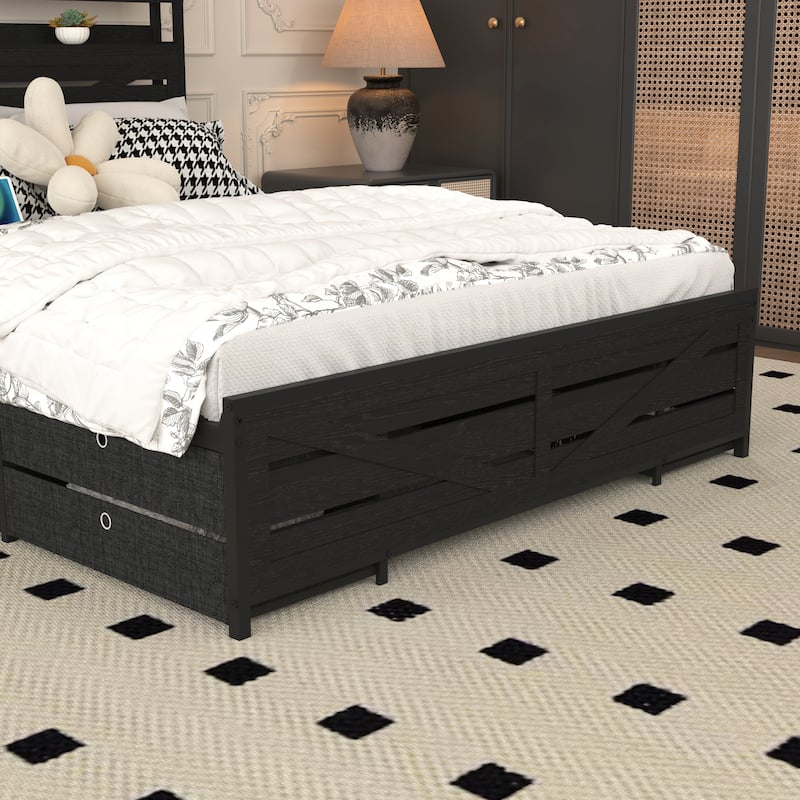 Platform Bed Storage Bed with 12 Drawers and LED Light Headboard, Noiseless Metal Platform Bed Frame W/ Socket & Fabric Drawers