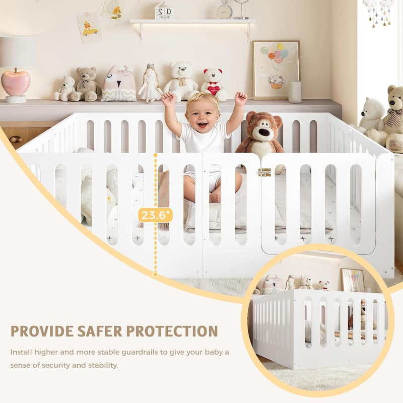 Queen Size Floor Bed with High Fence for Kids, Solid Wood Kids Montessori Bed with Door, No Box Spring Needed Design