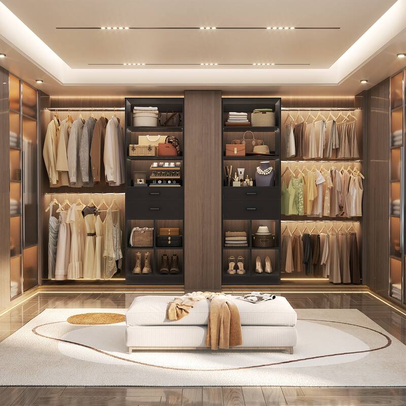 66''-100'' Walk-in Closet Organizer with 5 Hanging Rods and 2 Wooden Drawers，4-8FT Sturdy Closet System with Storage Shelves