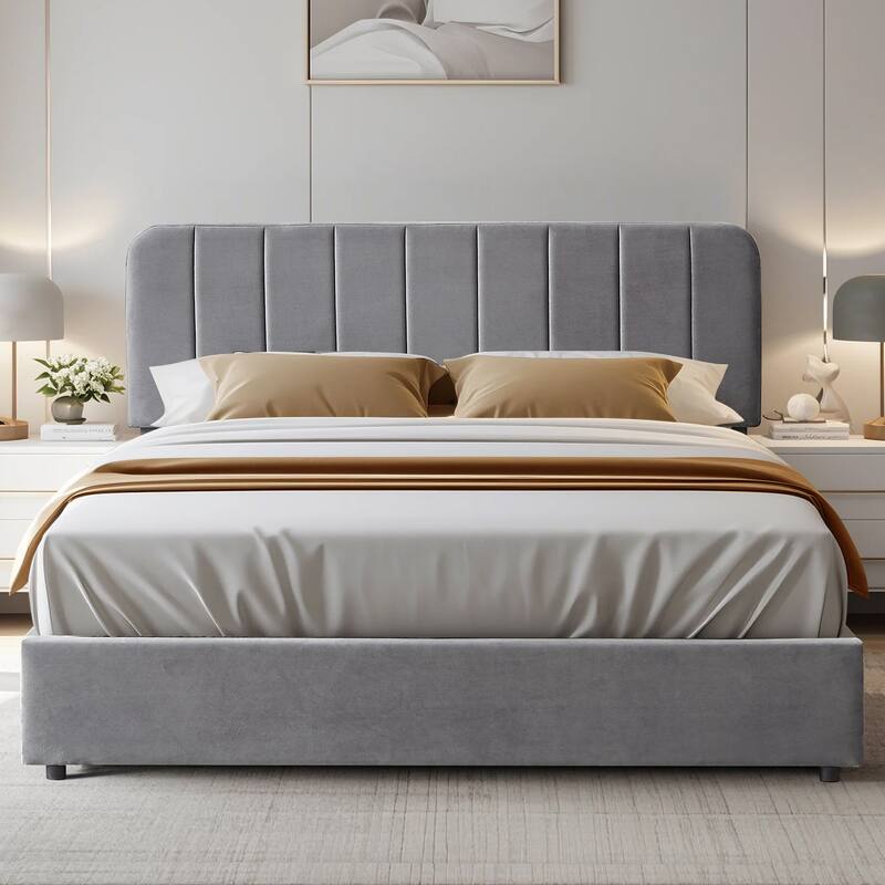 VECELO Bed Frame with 4 Storage Drawers Upholstered Platform Bedframe with Adjustable Headboard