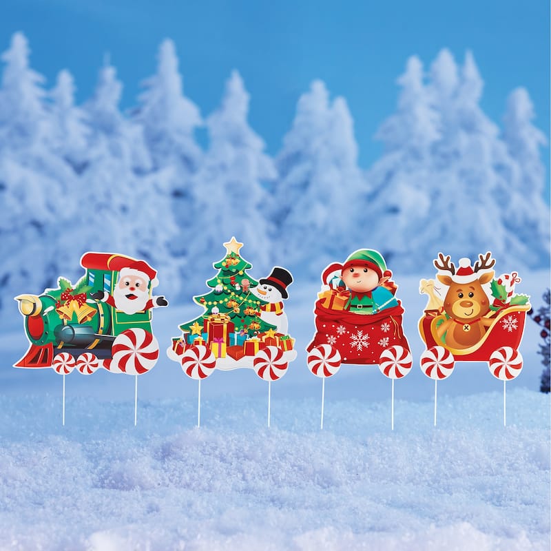 Christmas Holiday Train Outdoor Yard Stakes - Set of 4 - 14.87 x 12 x 0.12 - Red - 14.87 x 12 x 0.12 - Plastic