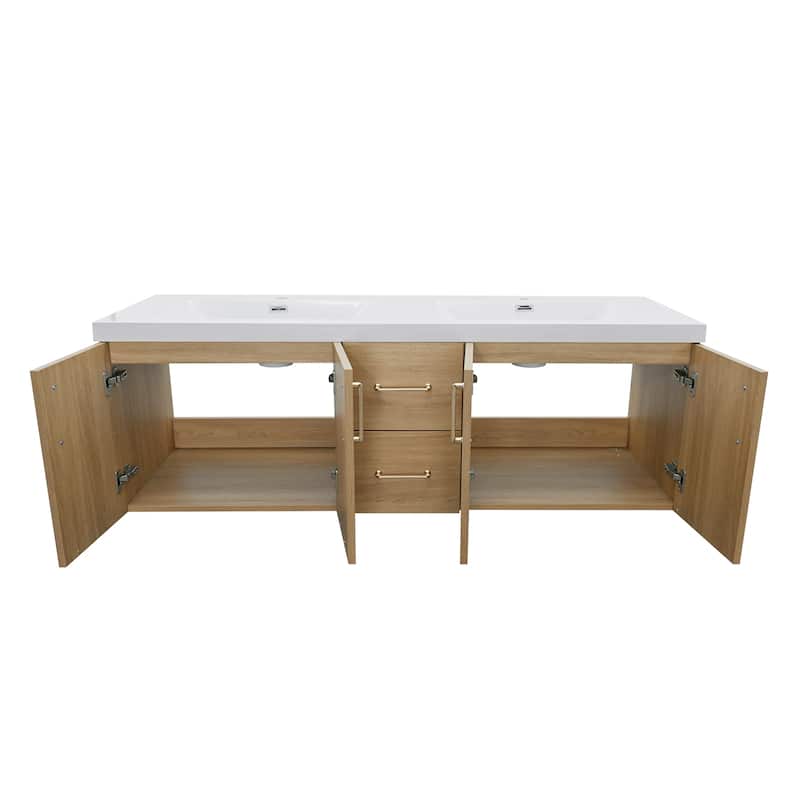 Prismella 60" 72" 84" Wall-Mount Double Sink Bathroom Vanity in Oak with Top