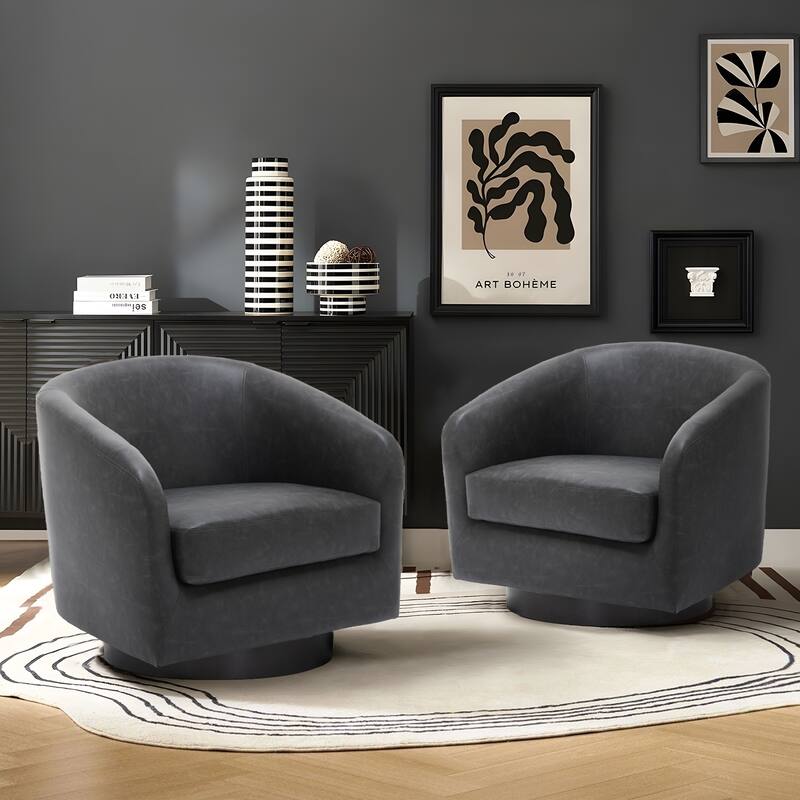 2 Set Modern Vegan Faux Leather Swivel Barrel Accent Chair